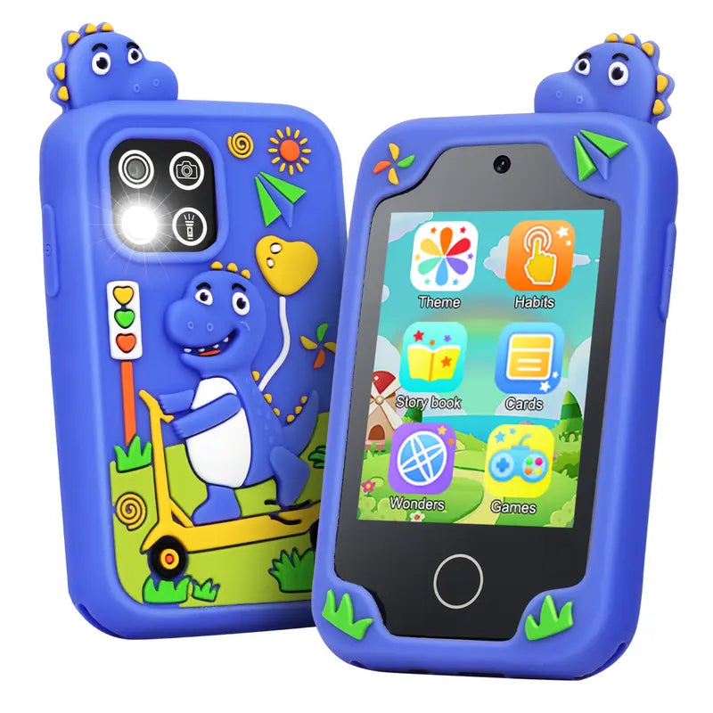 Blue dinosaur toy smartphone, front and back